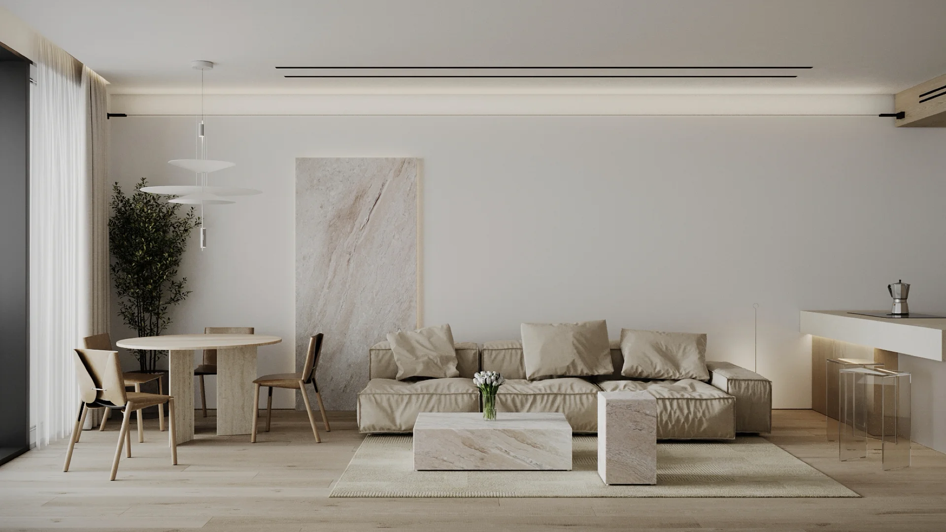 Svetlá minimalistická obývacia izba s jedálenským stolom a kamenným konferenčným stolíkom od byMOOD