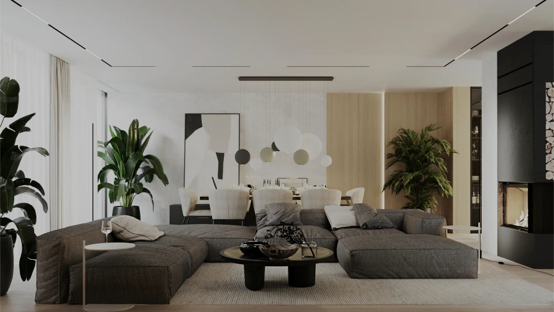 Elegantná obývacia izba s veľkou sivou sedačkou, krbom a jedálenským stolom v pozadí od byMOOD