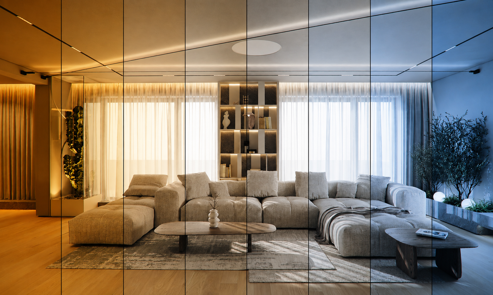 Interiér projektu Light and Shadow Apartment zobrazený pri rôznych farebných teplotách