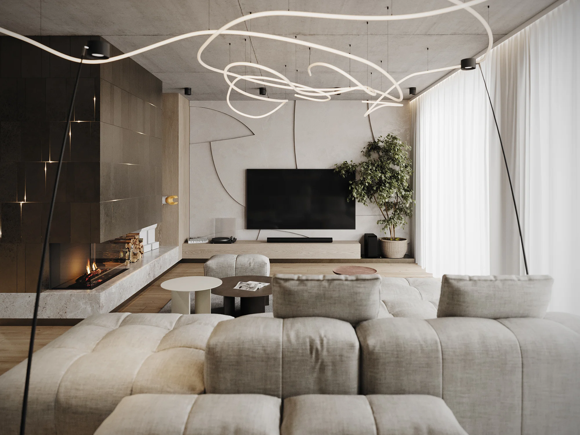 Moderná obývacia izba s veľkou sedačkou, krbom a dizajnovým stropným svietidlom od byMOOD