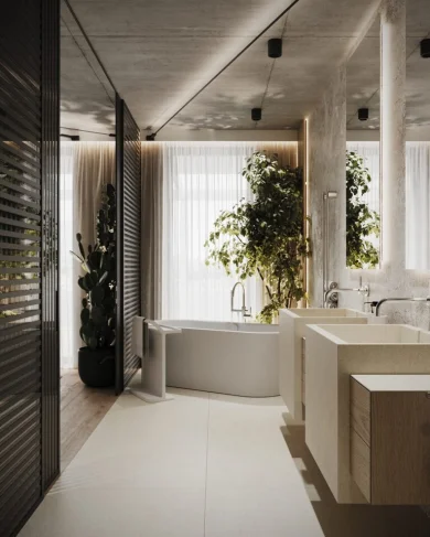 Prechodová zóna pri spálni s interiérovou zeleňou, skleneným vstupom do kúpeľne a vertikálnou lattiou — projekt a realizácia byMOOD