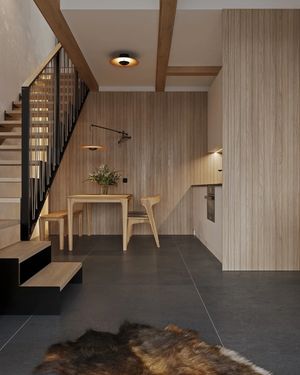 Moderný interiér so schodiskom a kuchyňou v prírodnom dreve